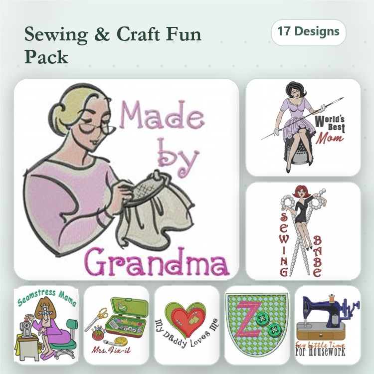 Sewing & Craft Themes Embroidery Designs Bundle – Made by Grandma, World's Best Mom, Sewing Machine & More (17 Designs)