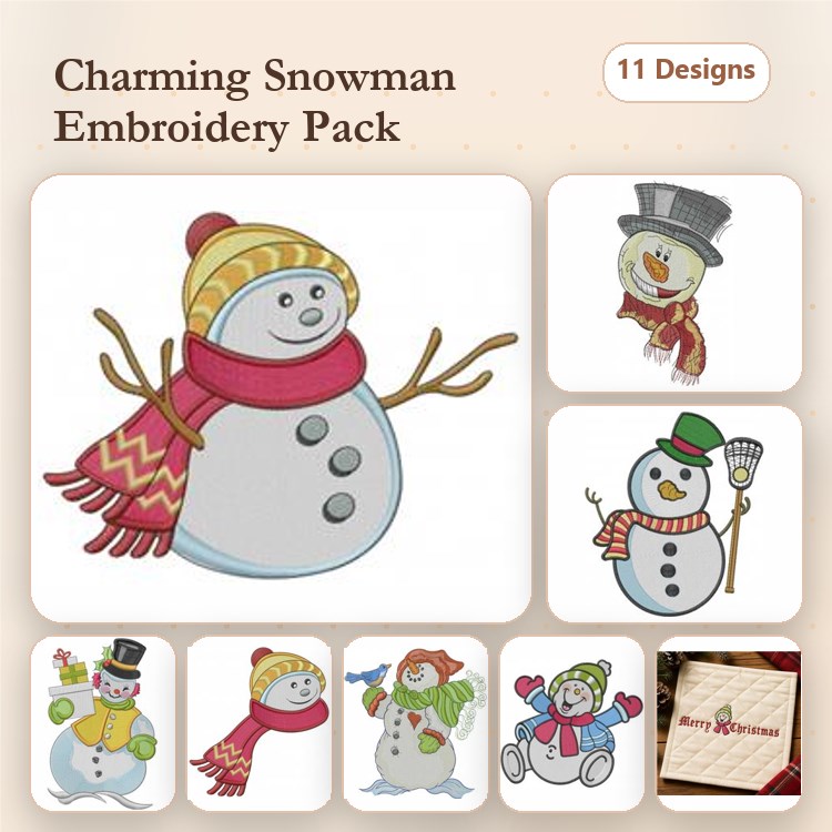 Charming Snowmen Embroidery Designs Bundle – Snowman with Scarf, Snowman with Top Hat, Cheerful Snowman & More (11 Designs)