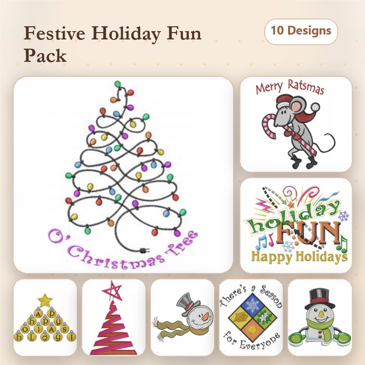 Festive Holiday Embroidery Designs Bundle – Christmas Tree with Lights, Snowman, Merry Ratsmus & More (10 Designs)
