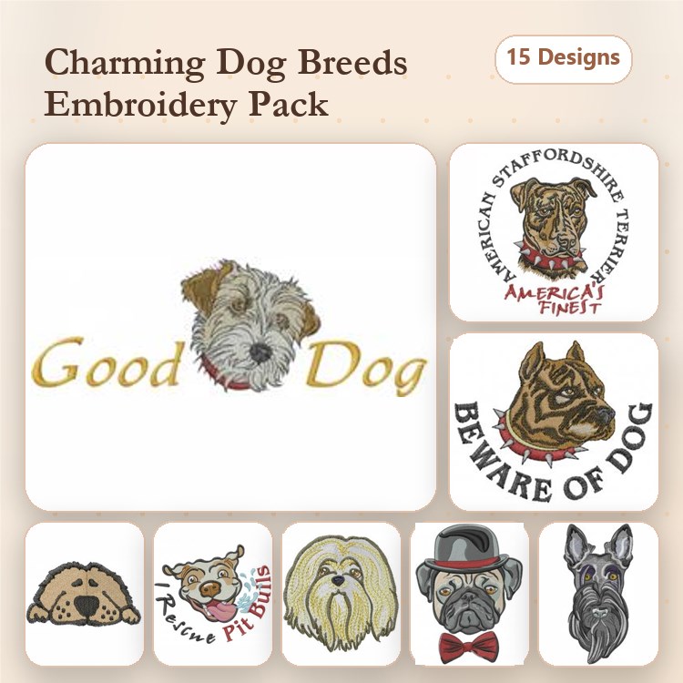 Dog Breed Embroidery Bundle – Pug & American Staffordshire Terrier (15 Designs)