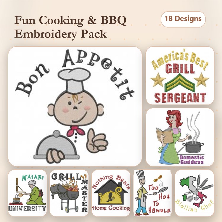 Cooking & BBQ Embroidery Designs Bundle – Bon Appetit Chef, Grill Master, Domestic Goddess & More (18 Designs)