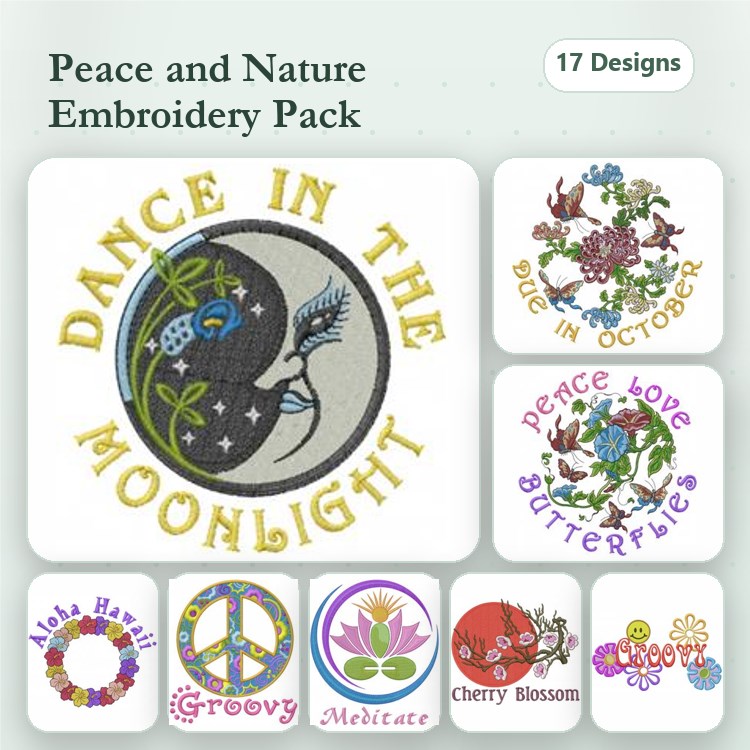 Peace & Nature Embroidery Designs Bundle – Moon with Bird, Butterfly, Floral & More (17 Designs)