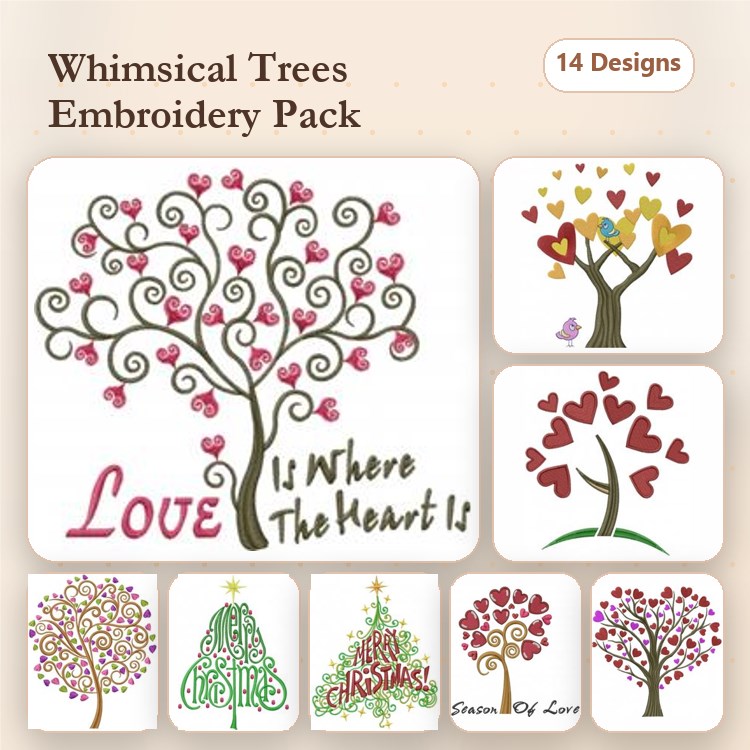 Whimsical Trees Embroidery Bundle – Whimsical Heart Tree, Love Tree, Christmas Tree & More (14 Designs)