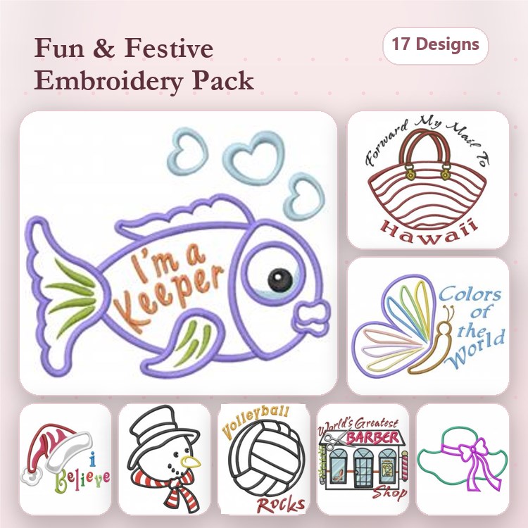 Applique Fun and Festive Embroidery Designs Bundle – Fish, Hearts, Butterfly, Santa Hat & More (17 Designs)