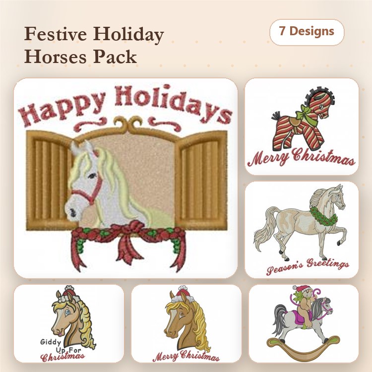 Festive Holiday Horses Embroidery Designs Bundle – Happy Holidays Horse, Merry Christmas Zebra, & More (7 Designs)