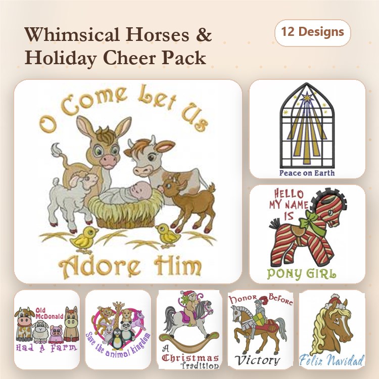 Horses & Holiday Cheer Embroidery Designs Bundle – O Come Let Us Adore Him, Horse with Garland, Christmas Paws & More (12 Designs)