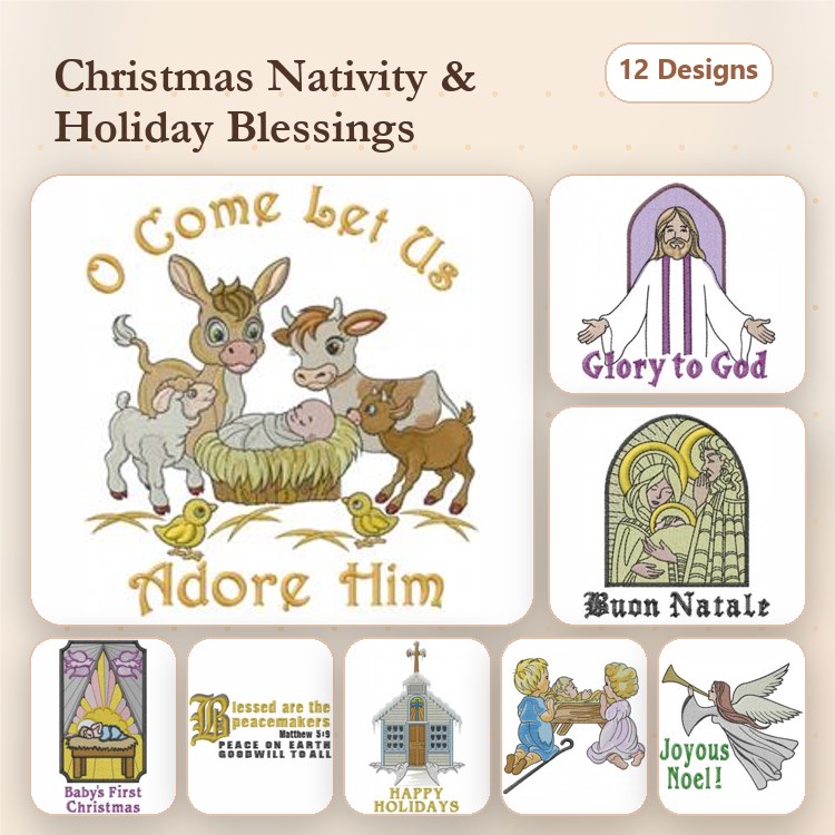 Christmas Nativity & Holiday Blessings Embroidery Designs Bundle – O Come Let Us Adore Him, Joyous Noel, Hark the Herald Angels Sing & More (12 Designs)
