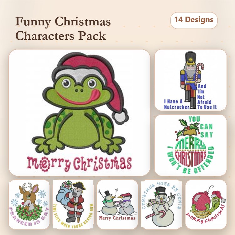 Funny Christmas Characters Embroidery Designs Bundle – Frog with Santa Hat, Snowman with Hat, Reindeer Character & More (14 Designs)