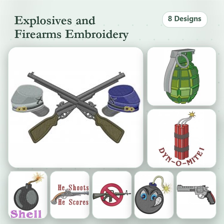 Explosives and Firearms Embroidery Designs Bundle – Crossed Rifles, Grenade, Dynamite & More (8 Designs)