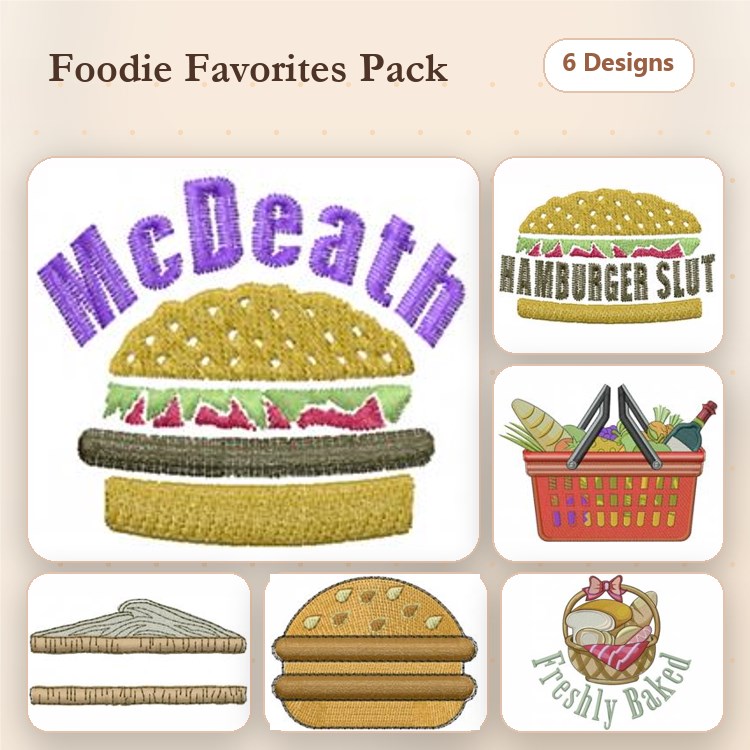 Food-Themed Embroidery Designs Bundle – McDeath Burger, Hamburger Slut, Grocery Basket & More (6 Designs)