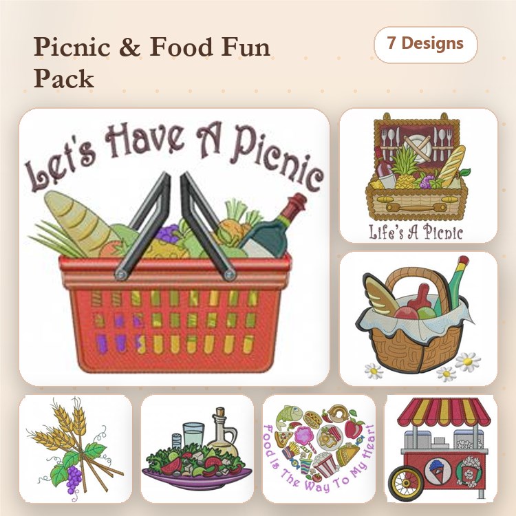 Picnic and Food Embroidery Designs Bundle – Picnic Basket, Heart with Food, Food Cart & More (7 Designs)