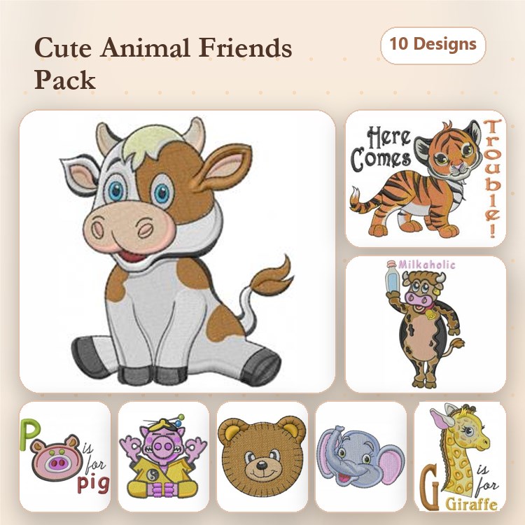 Cute Animal Characters Embroidery Designs Bundle – Cow, Tiger, Pig, Bear & More (10 Designs)