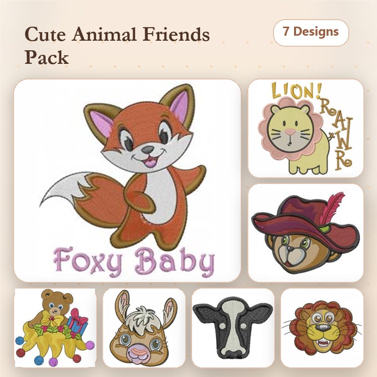 Cute Animal Characters Embroidery Designs Bundle – Foxy Baby, Lion, Bear with Balloons & More (7 Designs)