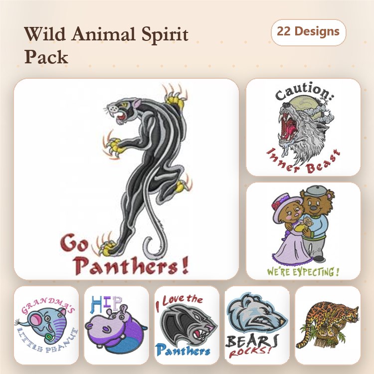 Wild Animal Spirit Embroidery Designs Bundle – Panther, Bear, Kitten & More (22 Designs)
