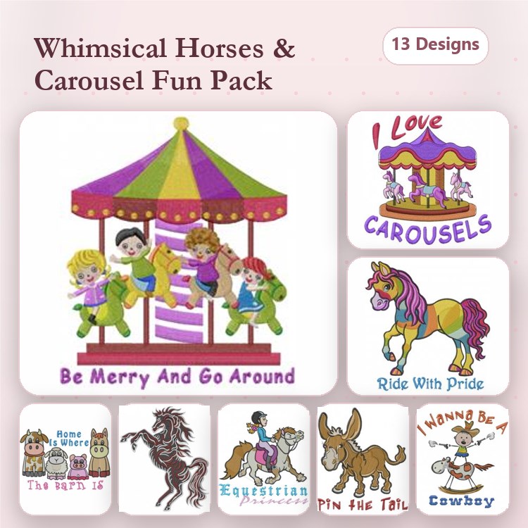 Carousel & Horse Embroidery Designs Bundle – Whimsical Carousel, Equestrian Dreams, Cowboy & More (13 Designs)