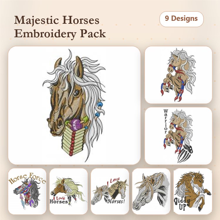 Majestic Horse Embroidery Bundle – Horse Force, I Love Horses, Cowboy Horse & More (9 Designs)