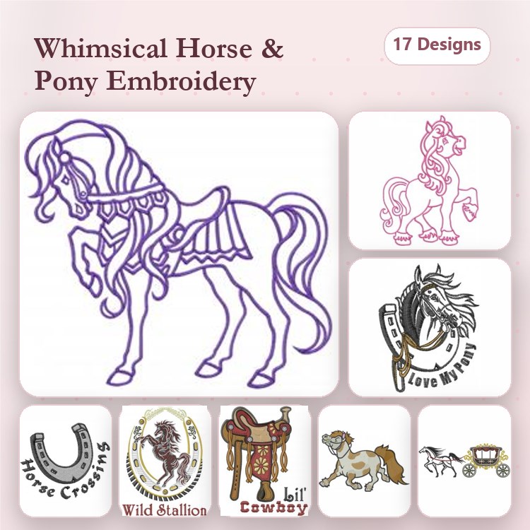 Redwork Whimsical Horses & Ponies Embroidery Designs Bundle – Horse Crossing, Wild Stallions, Pony with Hat & More (17 Designs)
