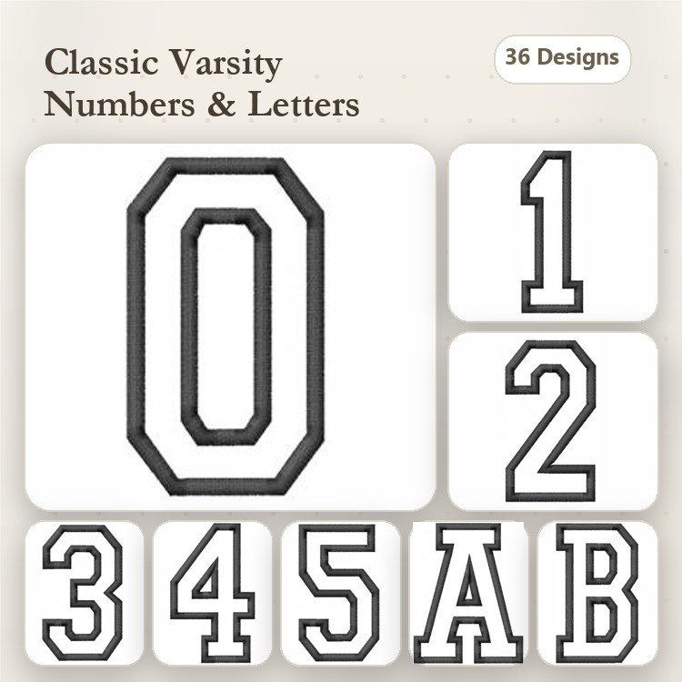 Varsity Numbers & Letters Embroidery Designs Bundle – Numeric 0-5, Letters A & B & More (36 Designs)