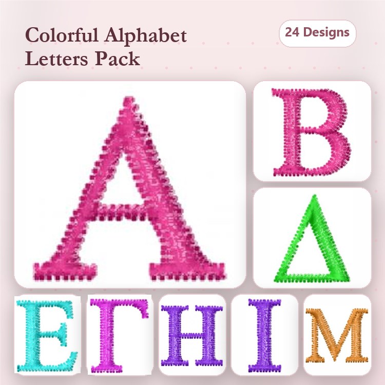 Colorful Alphabet Letters Embroidery Designs Bundle – A, B, Д, Е, Г, И, М & More (24 Designs)