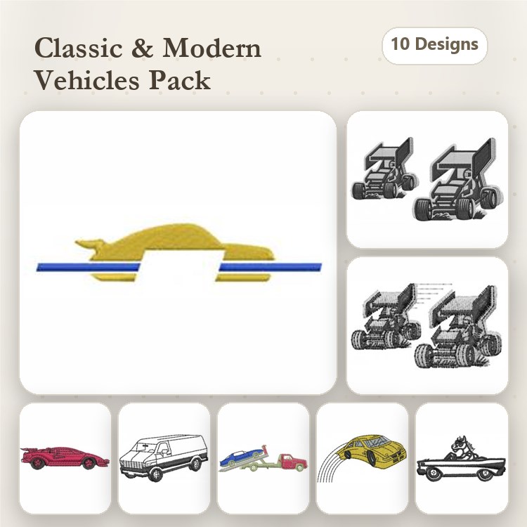 Vehicles Embroidery Bundle – Classic Car, Modern Sports Car, Race Car & More (10 Designs)