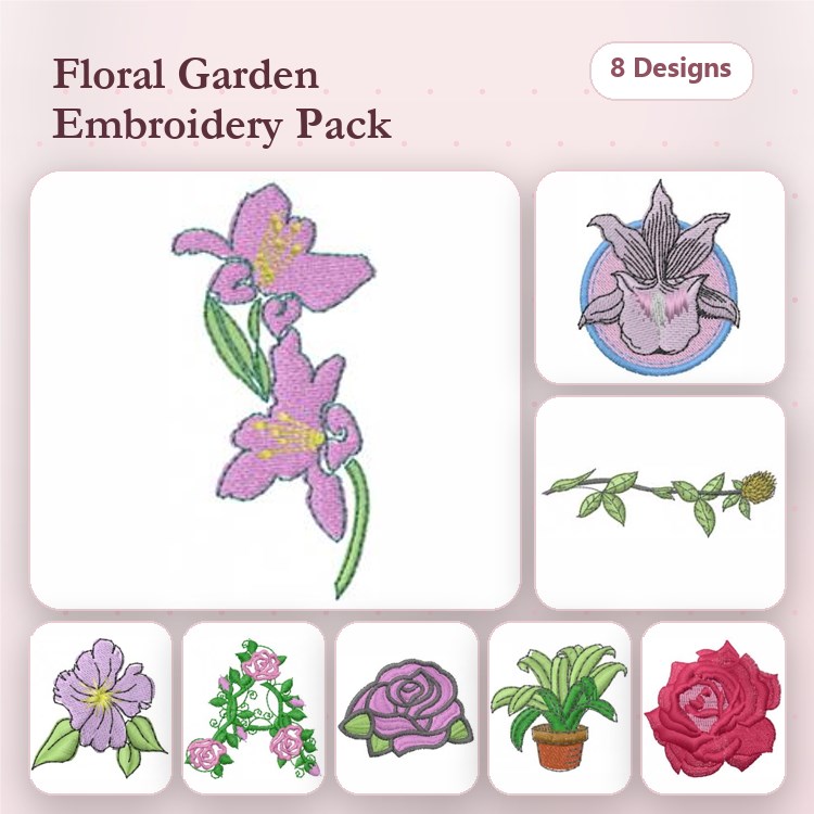 Floral Embroidery Designs Bundle – Purple Iris, Floral Arrangement, Rose & More (8 Designs)