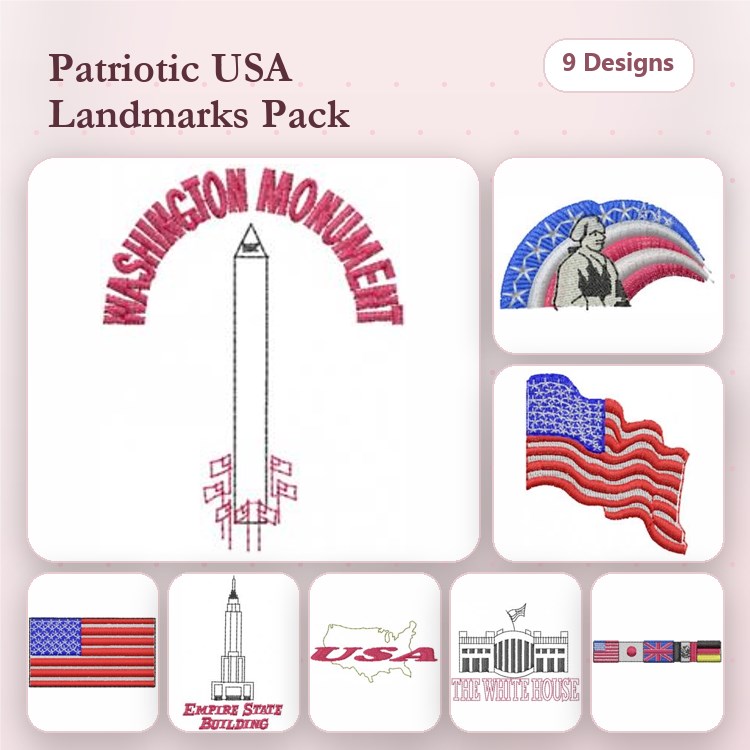 USA Landmarks & Symbols Embroidery Designs Bundle – Washington Monument, Empire State Building, Statue of Liberty & More (9 Designs)