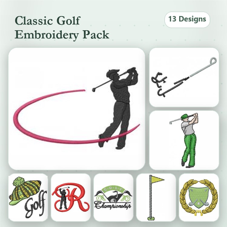 Golf Embroidery Designs Bundle – Golfer Swinging, Golf Club, Golf Bag & More (13 Designs)