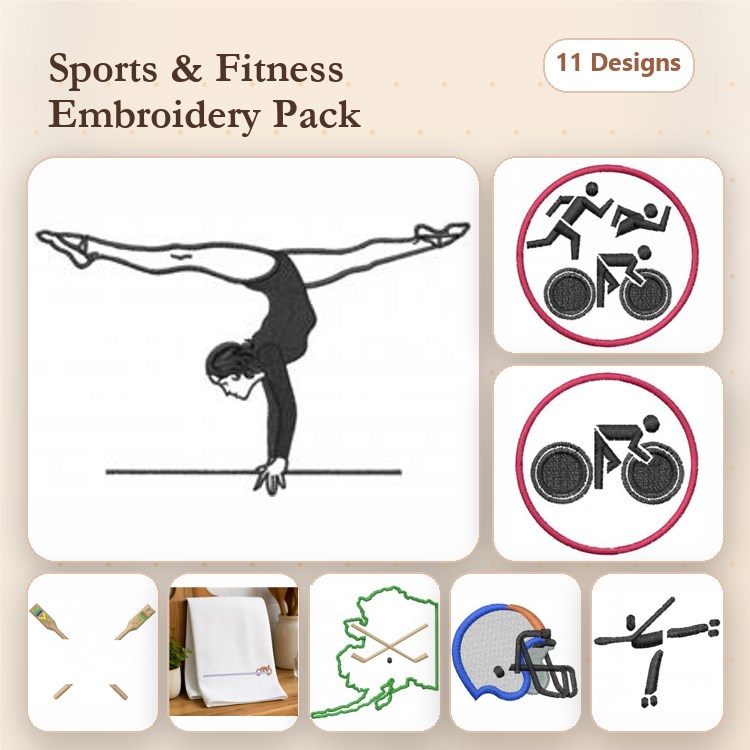 Sports and Fitness Embroidery Bundle – Gymnast, Cyclist, Football Helmet & More (11 Designs)