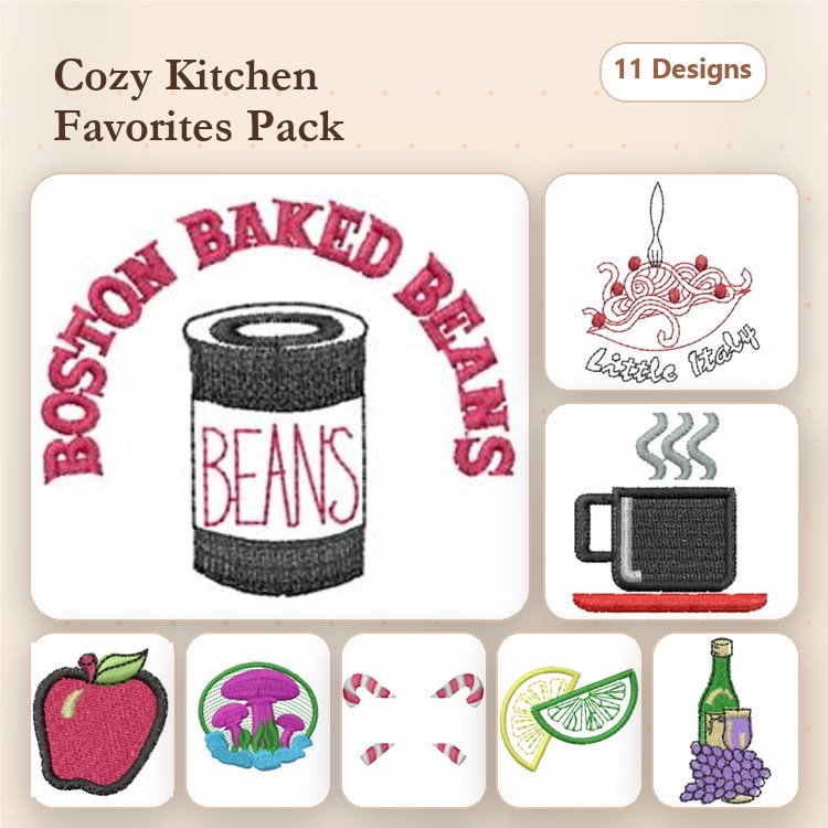 Cozy Kitchen Items Embroidery Designs Bundle – Boston Baked Beans, Coffee Cup, Apple, Mushroom & More (11 Designs)