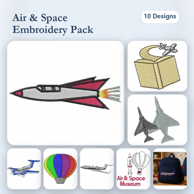Air and Space Embroidery Bundle – Rocket, Airplane, Jet Fighter, Hot Air Balloon & More (10 Designs)