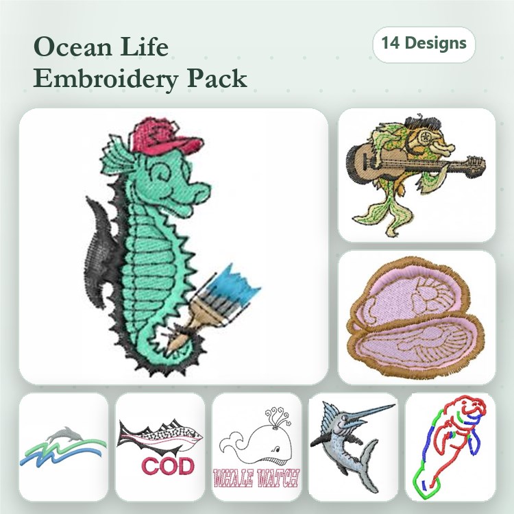 Ocean Life Embroidery Designs Bundle – Seahorse with Paintbrush, Fish Playing Guitar, Clam Shell & More (14 Designs)