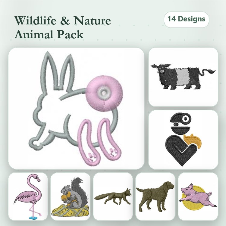 Cow, Flamingo & Rabbit Embroidery Bundle – Farm Animals & Heart Designs (15 Designs)
