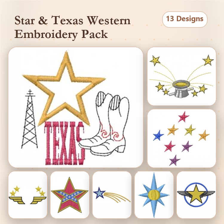 Texas Western Embroidery Designs Bundle – Texas Star, Cowboy Boots, Shooting Star & More (13 Designs)