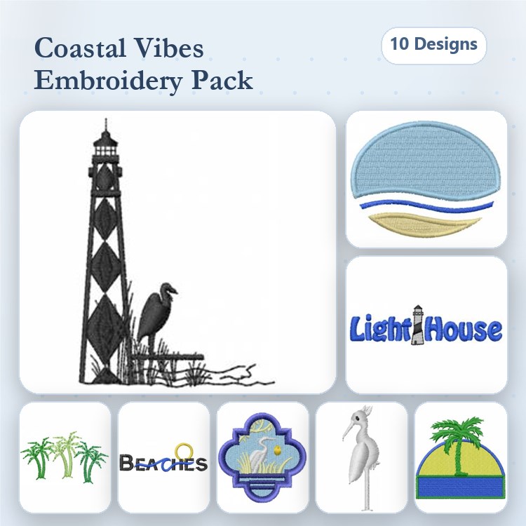 Coastal Theme Embroidery Designs Bundle – Lighthouse, Heron, Beach Chair & More (10 Designs)