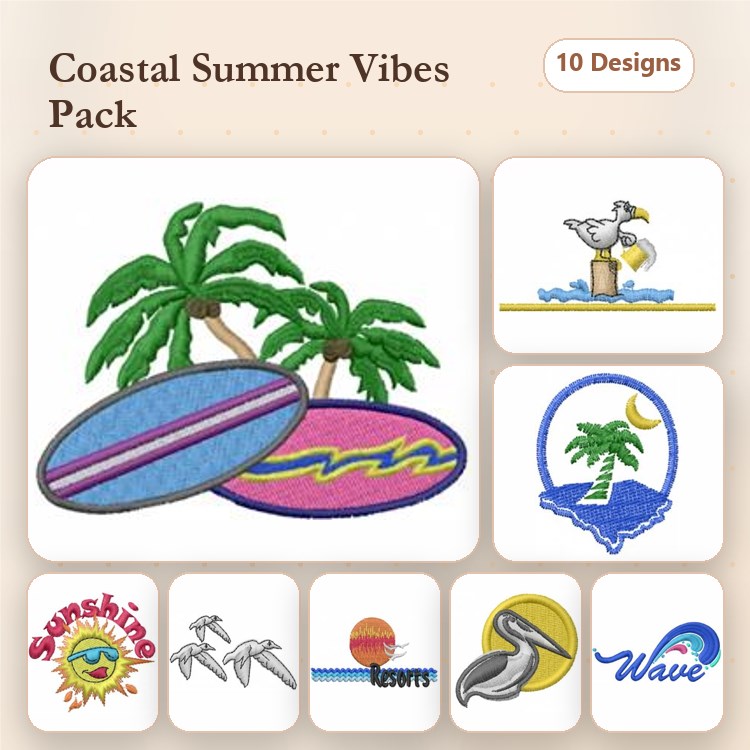 Coastal Summer Embroidery Bundle – Surfboard, Palm Trees, Beach Sunset & More (10 Designs)