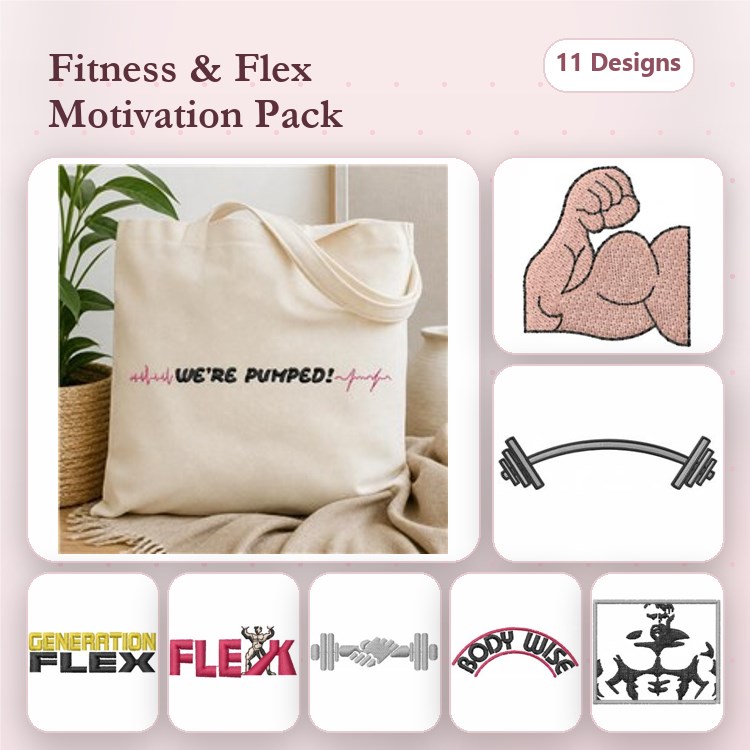 Fitness Motivation Embroidery Designs Bundle – We're Pumped!, Flexing Arm, Gym Barbell & More (11 Designs)