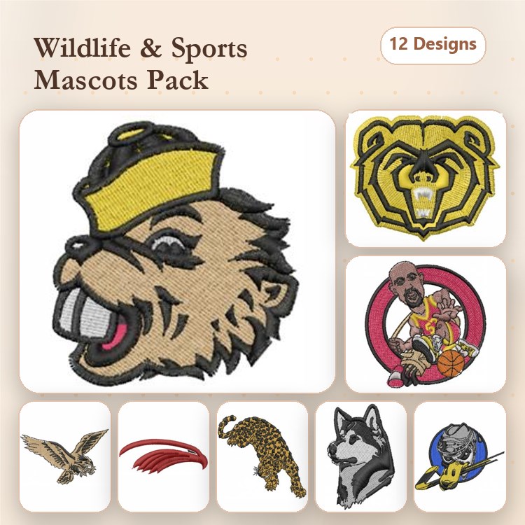 Beaver Mascot, Lion Head & Leopard Embroidery Bundle – Sports Teams (12 Designs)