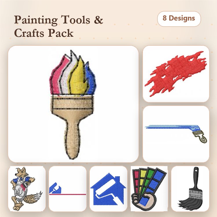 Painting Tools & Crafts Embroidery Designs Bundle – Paint Brush with Flames, Red Paint Splash, Color Palette & More (8 Designs)