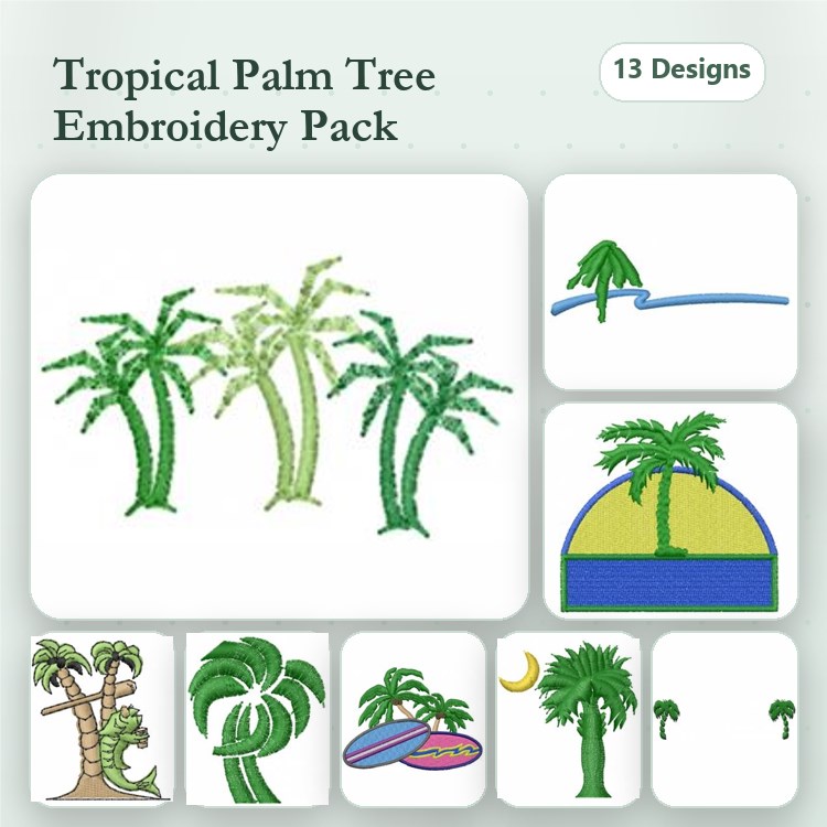 Tropical Palm Trees Embroidery Designs Bundle – Single Palm Tree, Curved Palm Tree, Under Moonlight & More (13 Designs)