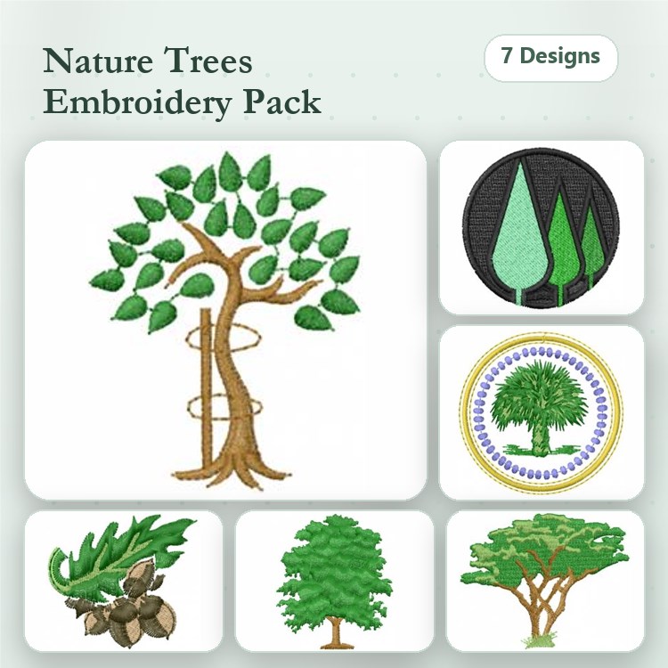 Nature Embroidery Bundle – Tall Tree, Coniferous Tree Trio, Decorative Tree Outline & More (7 Designs)