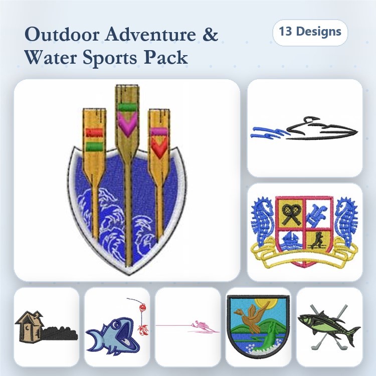 Outdoor Adventure & Water Sports Embroidery Bundle – Canoe Paddles, Speedboat, Jumping Fish & More (13 Designs)