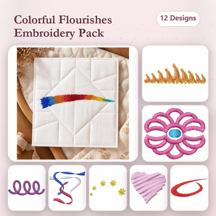 Colorful Flourishes & Decorative Embellishments Embroidery Bundle – Flourish Line, Ribbons, Floral Swirl & More (12 Designs)