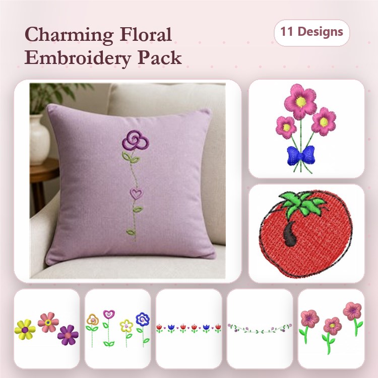 Charming Floral Embroidery Designs Bundle – Floral Stem with Heart, Pink Flower with Bow, Tomato & More (11 Designs)