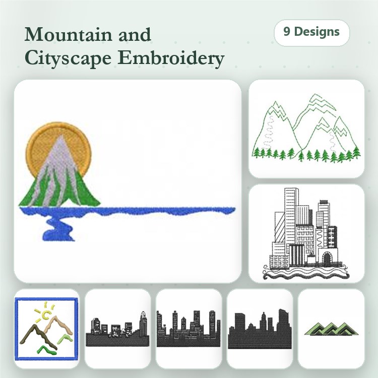 Mountain and Cityscape Embroidery Designs Bundle – Mountain Landscape, City Skyline at Night, Hiking Figure & More (9 Designs)