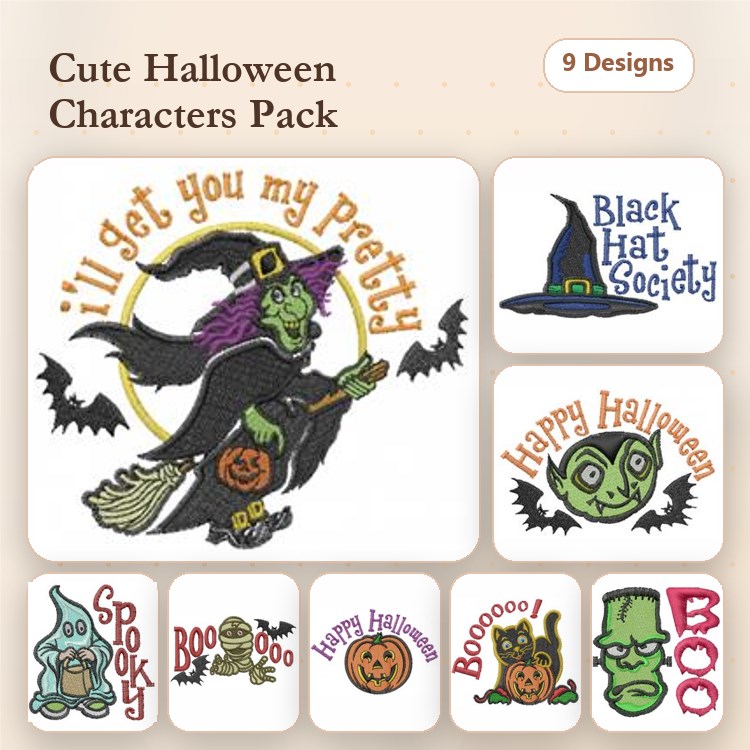 Halloween Characters Embroidery Bundle – Witch Flying on Broom, Happy Halloween Ghost, Boo Text & More (9 Designs)