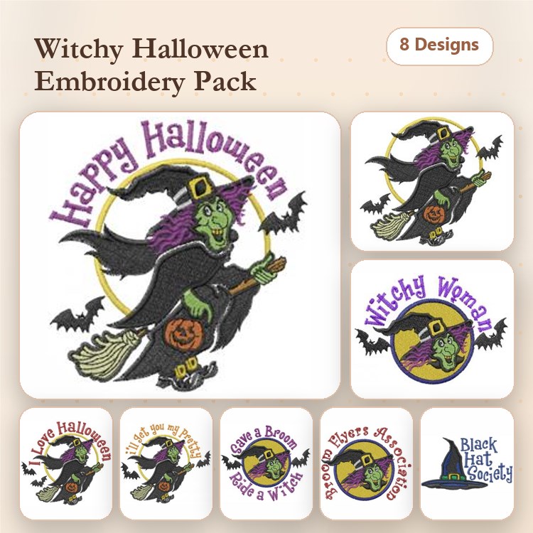 Halloween Witch Embroidery Bundle – Happy Halloween Witch, Witchy Woman, Broomstick with Pumpkin & More (8 Designs)
