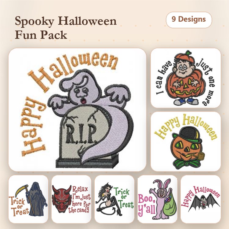 Halloween Embroidery Designs Bundle – Ghost, Jack-o'-Lantern, Trick or Treat Sign & More (9 Designs)
