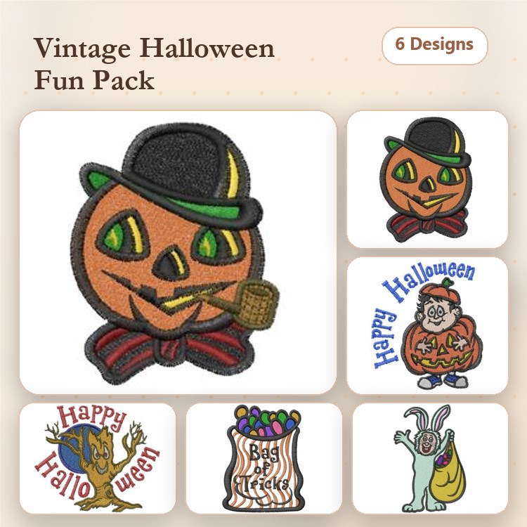 Vintage Halloween Embroidery Designs Bundle – Jack-o'-Lantern, Happy Halloween, Rabbit & More (6 Designs)