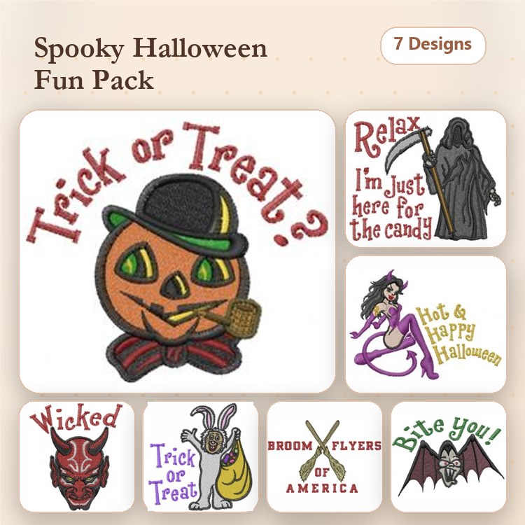 Halloween Fun Embroidery Designs Bundle – Trick or Treat Pumpkin, Wicked Devil, Relax I'm Just Here for the Candy & More (7 Designs)
