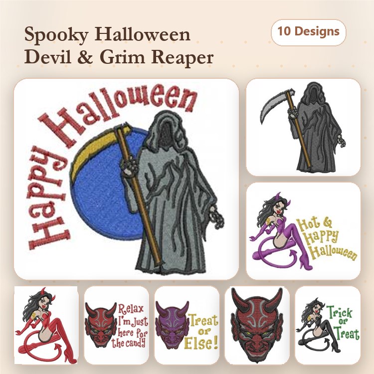Spooky Halloween Embroidery Designs Bundle – Grim Reaper, Devil, Happy Halloween & More (10 Designs)